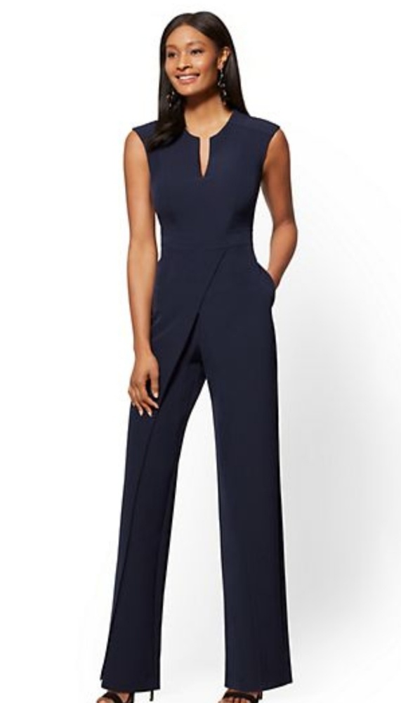 NY&Co Navy Seamed Wrap Jumpsuit